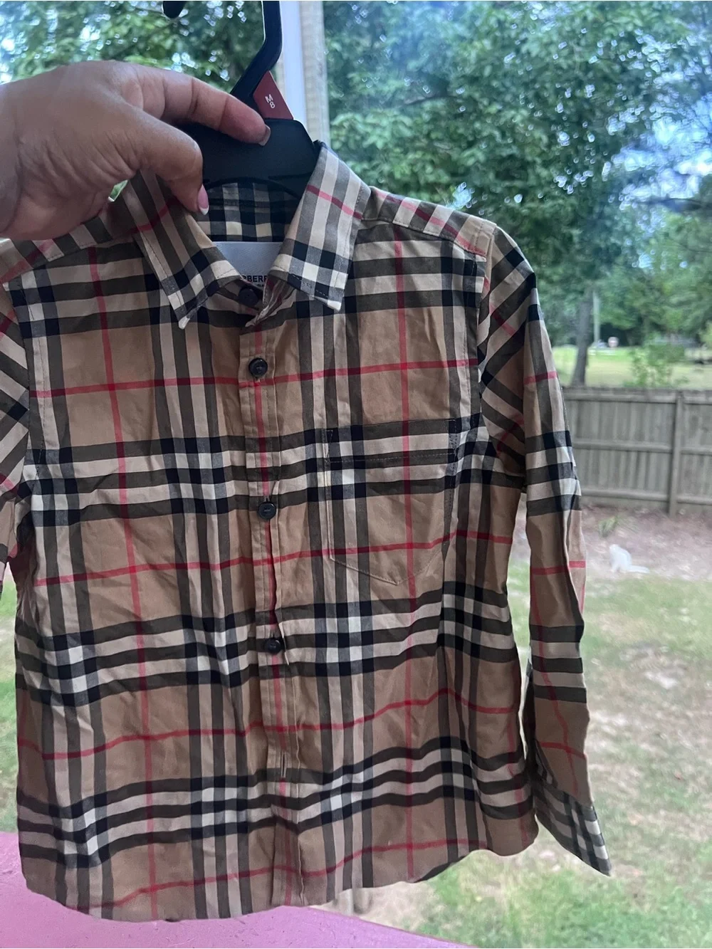 Burberry Tan, Black & Red Striped Short Sleeve Shirt